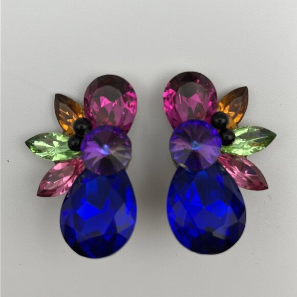 ESQ Capade By Joni Jewelry - Esq Capade by Joni Clip On Earrings Colorful Glass Stones Floral Design Signed